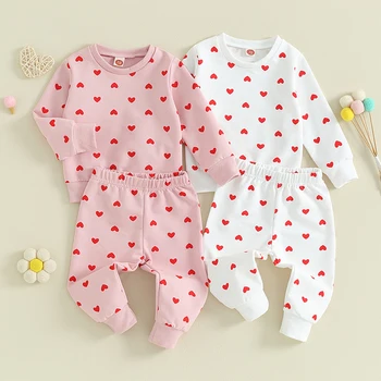 0-24M Tatlı Bebek Kız Kalp Baskı Kıyafetler Uzun Kollu Kazak Tops Sweatpants Yenidoğan Bebek Bahar Eşofman Seti 2 adet