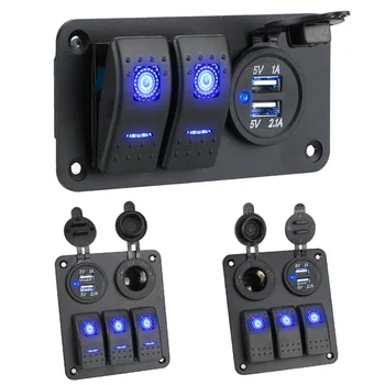 2/3 Gang 12~24V Devre Kontrol Tekne Araba Anahtarı Paneli Mavi LED Dijital Voltmetre Çift USB Bağlantı Noktası Çıkış Kombinasyonu