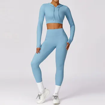 2 adet Dikişsiz Yoga Seti Spor Giyim Spor yoga kıyafeti Kadınlar İçin Eşofman Spor Uzun Kollu Kırpma Üst Spor Sutyeni Spor Tayt