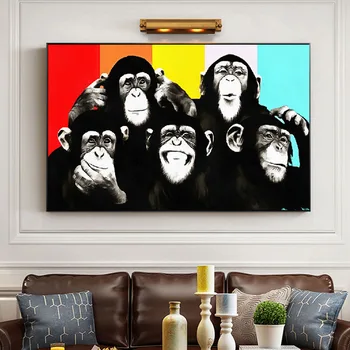 3 Maymunlar Boyama Soyut Hayvan Posteri Tuval Sanat Duvar Resimleri HD Baskı Quadors Oturma Odası Ev Dekor Için Hiçbir Çerçeve
