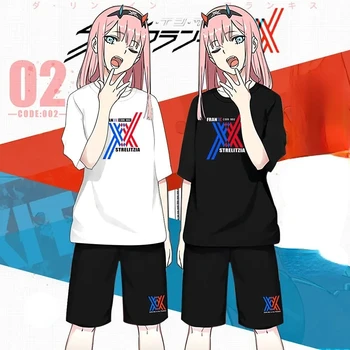 Anime Sevgilim Franxx içinde Sıfır İki 02 Cosplay Kostüm Unisex Yaz Rahat Pamuk kısa kollu tişört şort takımı