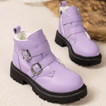 Bayan Botları İngiliz Tarzı platform ayakkabılar PU Deri Kısa Tüp Kemer Tokası Peluş kısa çizmeler Sıcak Tutmak Mor