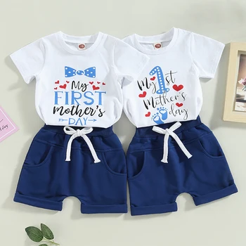Bebek Erkek yaz kıyafetleri anneler Günü Mektubu Baskı kısa kollu tişört ve Rahat Elastik şort takımı 0-18Months