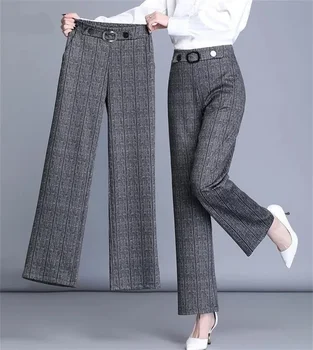 Büyük boy 4xl Ekose Ofis Düz Pantolon Kore Moda Kadın Resmi Geniş Bacak Pantalones Rahat OL Yüksek Bel Pantolon Yeni E03