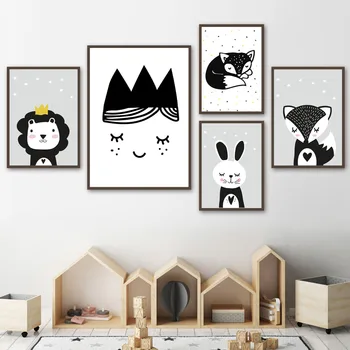 Duvar sanatı tuval yağlıboya Tilki Tavşan Aslan Kız Prenses Siyah Beyaz Karikatür İskandinav Posterler Ve Baskılar Duvar Resimleri Çocuk Odası İçin