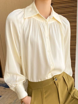 Fener Kollu İpek kadın Gömlek Mizaç Zarif Moda Kadın Bluz 2023 Açık Sarı Kat Tasarım Gevşek Gömlek Kadınlar için