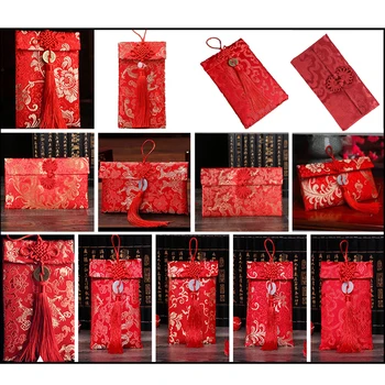 Geri dönüşümlü Chinoiserie Çin Şenlikli Ipek Kırmızı Zarflar Paketleri Para Hediye Depolama Yeni Yıl Nimet Bahar Festivali HongBao
