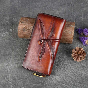 Hakiki Deri uzun cüzdan Kadın Çanta KIMLIK / Kredi Kartı Nakit Tutucu Dragonfly Retro Tasarımcı Kadın Inek Derisi Para el çantası