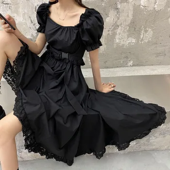 HOUZHOU Vintage Siyah Uzun kadın Elbise Y2k Goth Korse Puf Kollu Beyaz Parti Elbise Şık Estetik Harajuku Kore Modası