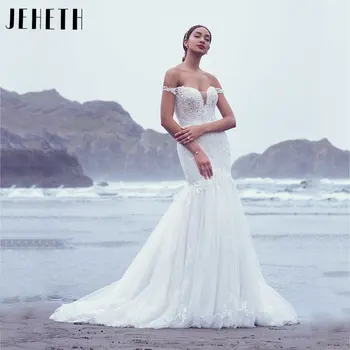 JEHETH Kapalı Omuz Mermaid Aplikler düğün elbisesi Sevgiliye Backless gelinlikler Kısa Kollu Düğmeler vestido de novia 2024