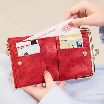 Kadın küçük cüzdan Çok Fonksiyonlu bozuk para cüzdanı Taşınabilir Retro Düz Renk Katlanabilir Para Klip kart tutucu Kadın