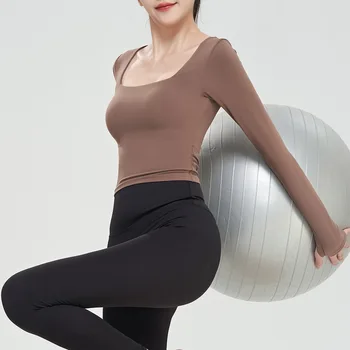 Kadın yoga bluzu Uzun Kollu Göğüs Pedi ile İnce Spor Üst Spor Spor Giyim Pilates Eğitim Giyim Sonbahar ve Kış