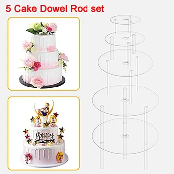 Kek Tabağı, 5 Kek Standı, Kek Tabanı (9/12/16/20/20 cm) 15 Dübel Çubuklu, Katmanlı Yığılmış Kekler için Yeniden Kullanılabilir, Düğün için