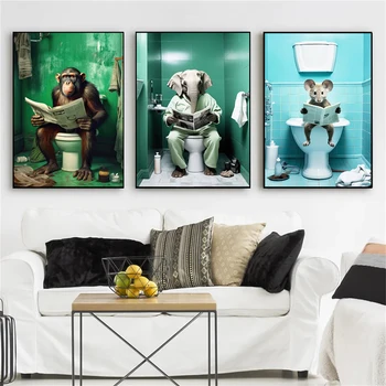 Komik Hayvan Oturan Tuvalet Okuma Gazete banyo Posterleri Baskı Tuval Boyama Sevimli Maymun Fil Duvar Sanatı Odası Dekor