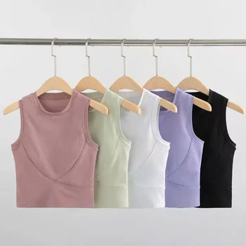 Lulu Yüksek Boyun Yoga Tankı Üstleri Kadın Spor Kolsuz Cami Üst Spor Gömlek İnce Nervürlü Koşu Spor Gömlek Dahili Sutyen Kırpma Üst