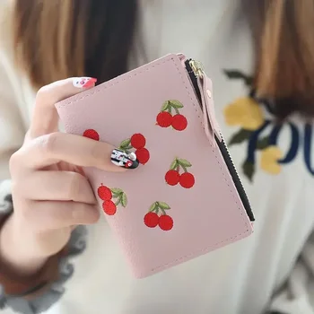 Moda Kadın küçük cüzdan Küçük Fermuarlı Çanta Kiraz Nakış bozuk para cüzdanı Sevimli Basit Kart Sahipleri Bayan Kız Mini Para Çantası