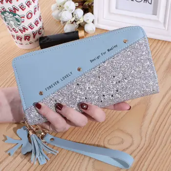 Moda Kadın Sequins Patchwork Glitter Mektup Uzun Cüzdan Kadın Pu Deri Uzun bozuk para çantaları Bayanlar kart tutucu el çantası