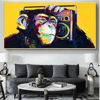 Modern Hayvan Tuval Boyama Maymun Müzik Dinlemek Posterler ve Baskılar duvar sanat resmi Oturma Odası Dekorasyon ıçin Cuadros