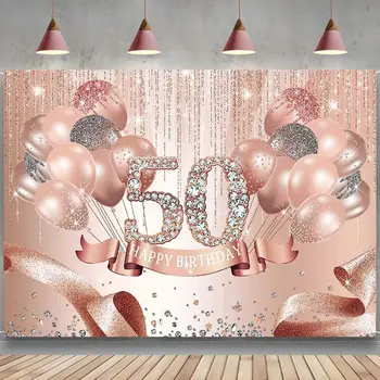 Mutlu 50th Doğum Günü Backdrop Gül Altın Elmas Muhteşem Arka Plan Glitter Balonlar Elli Yıl Kadın Parti Afiş Dekorasyon