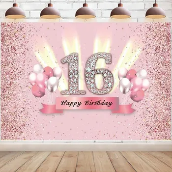 Pembe Tatlı 16th Zemin 16 Yaşında Doğum Günü Partisi Dekorasyon Parlak Elmas Noktalar Balonlar Fotoğraf Arka Plan Kek Masa Afiş