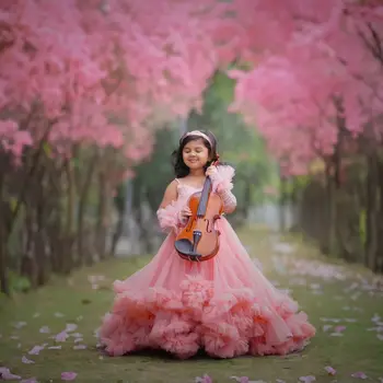 Pembe Çiçek Kız Elbise Düğün için Kabarık Katmanlı Ruffles Dantel Doğum Günü Partisi Törenlerinde Kat Uzunluk Küçük Kızlar Photoshoot Önlük