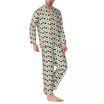 Poker Kartları Pijama Adam Eğlenceli oyun kartı Romantik Yatak Odası Pijama Bahar 2 Parça Retro Boy Baskılı Pijama Takımı