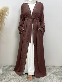 Ramazan Lüks Dubai Kimono Kollu Hırka Kadınlar Açık Ön Elbise Müslüman İslam Dantel Abaya Kaftan Kuşaklı Ramazan Elbise