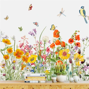 Renkli Çiçekler Kelebek Kuşlar Yusufçuk duvar çıkartmaları Dükkanı Ofis Dekorasyon Bitki Duvar Sanatı Ev Çıkartmaları Pastoral Poster