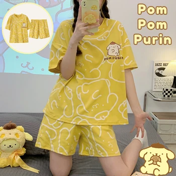 Sanrio Pom Pom Purin Yaz Kısa kollu tişört Şort Pantolon Bayanlar Pijama Takım Elbise Büyük Boy Pijama kadın Ev Kıyafeti