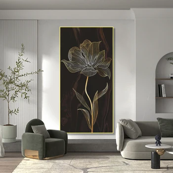 Soyut Siyah Altın Hatları Lotus Tuval Boyama Ev Dekor Duvar Posterler ve Baskılar Sanat Eserleri Resimleri ıçin Oturma Odası Çerçevesiz