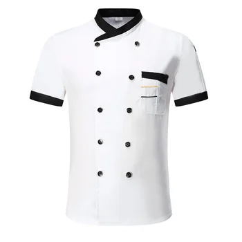 Unisex Kadın Erkek Otel Şef Giyim Gömlek Standı Yaka Çift Düğme Düz Renk Kısa Kollu Gömlek Tops Giyim