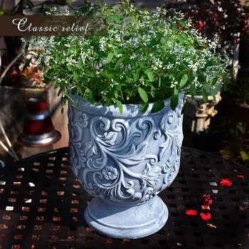 Vintage Fransız Magnezyum Oksit çiçek saksısı Pot Urn Şekli-Gri ve Siyah Oyma Dekoratif Bahçe Aksesuarı
