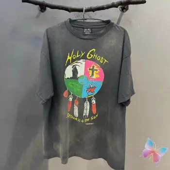 Vintage Yıkanmış Delik Aziz Michael Tişörtleri Toprak Renkli Tüyler Damla Omuz Kısa Kollu Casual Streetwear Erkekler Kadın gömlek