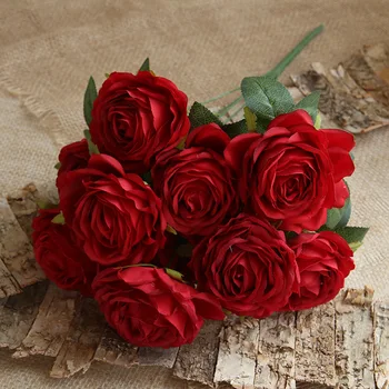 Yapay Gül Çiçek İpek Sahte Çiçekler Düğün Dekorasyon Ev Dekor Flores Artificiales Kırmızı 10 Kafaları Büyük Güller Çiçek Buketi