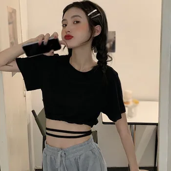 Yaz Kore Tarzı Moda Seksi Kişilik Kravat Halat T Shirt Kadın İnce Kısa Tarzı kısa kollu tişört Üst