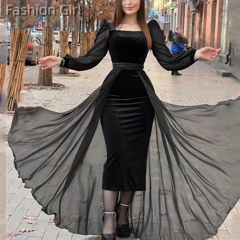 Zarif Siyah Kare Boyun Kılıf Abiye Uzun Robe de soiré Uzun Kollu Kadife Balo Parti Elbise Vestido Kadınlar için 2023