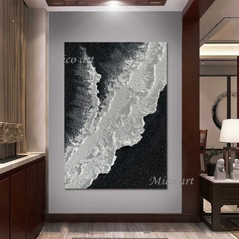 Çerçevesiz Modern Soyut Sanat Boyama Tuval Duvar Siyah Beyaz Kalın Akrilik Bıçak Boyama Deniz Dalga Manzara Doğal Resimler