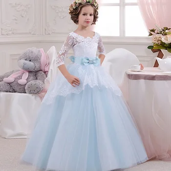 Çocuk düğün elbisesi Kızların 3/4 Kollu Dantel Performans Doğum Günü Küçük İz Prenses Kabarık uzun elbise