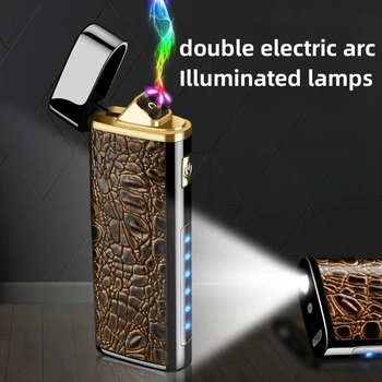 Çok fonksiyonlu Çift Ark Metal Darbe Çakmak USB Şarj LED Ekran Rüzgar Geçirmez Elektrikli Alevsiz puro çakmağı Hediye Erkekler için