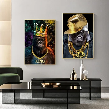 Şempanze Maymun Kral Tuval Boyama Çerçeve ile Soyut Hip Hop Hayvan Poster Baskı duvar sanat resmi Oturma Odası Dekor için